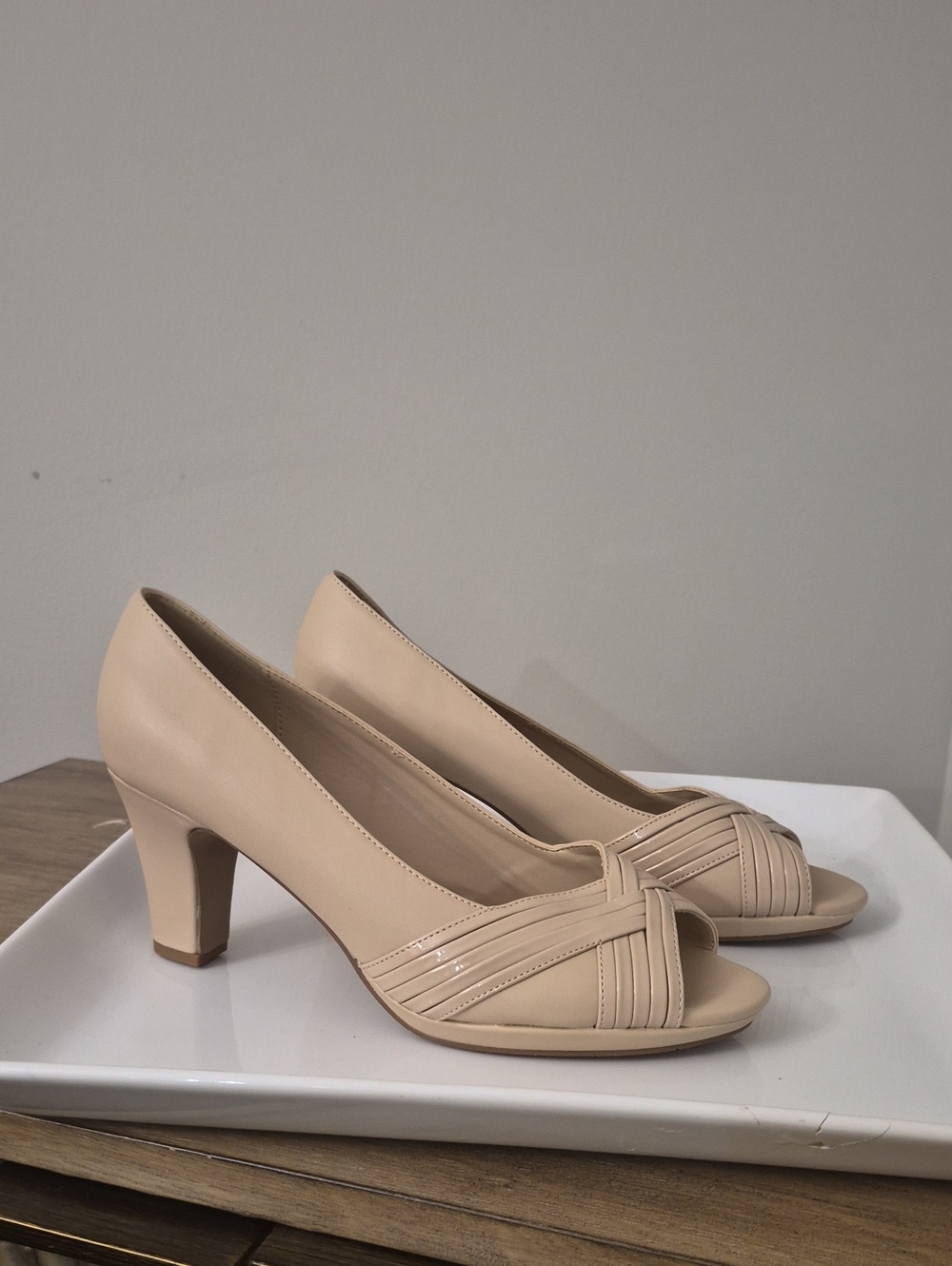 easy street Beige Peep-Toe Mid Heel Pumps